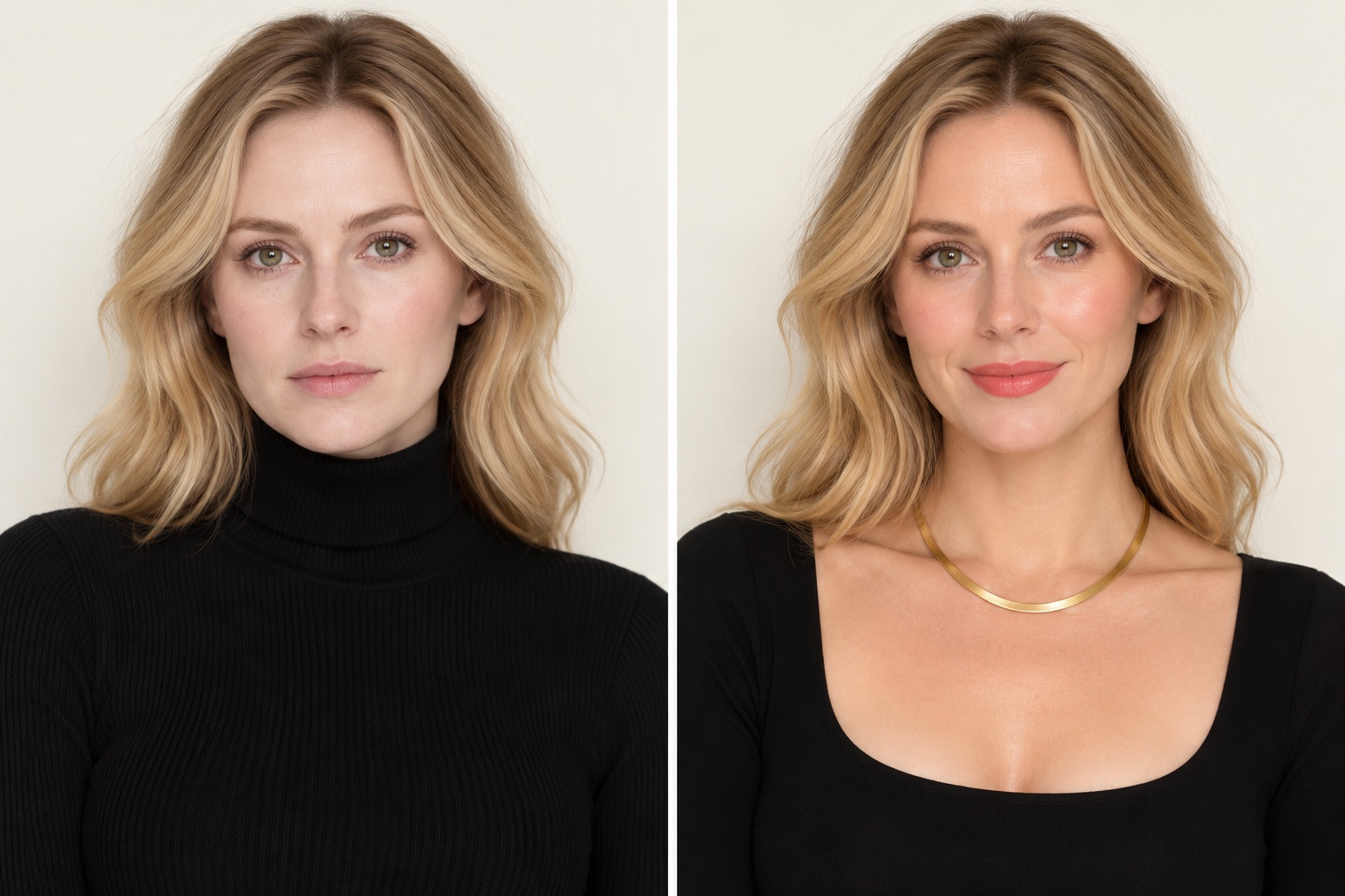 The same Light Spring woman in a high-neck black mockneck and a black scoop-neck dress with a gold necklace and coral lip