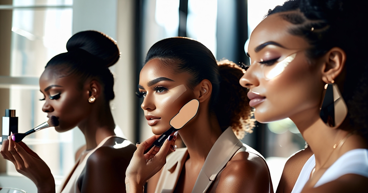 Diverse group of women testing different liquid foundation shades for their skin tones