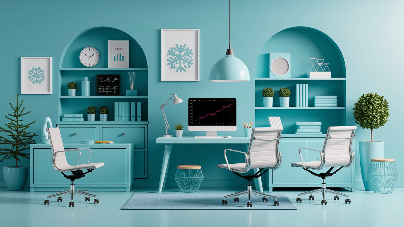 Applications of cold color palettes in various design contexts including tech, healthcare, and interiors