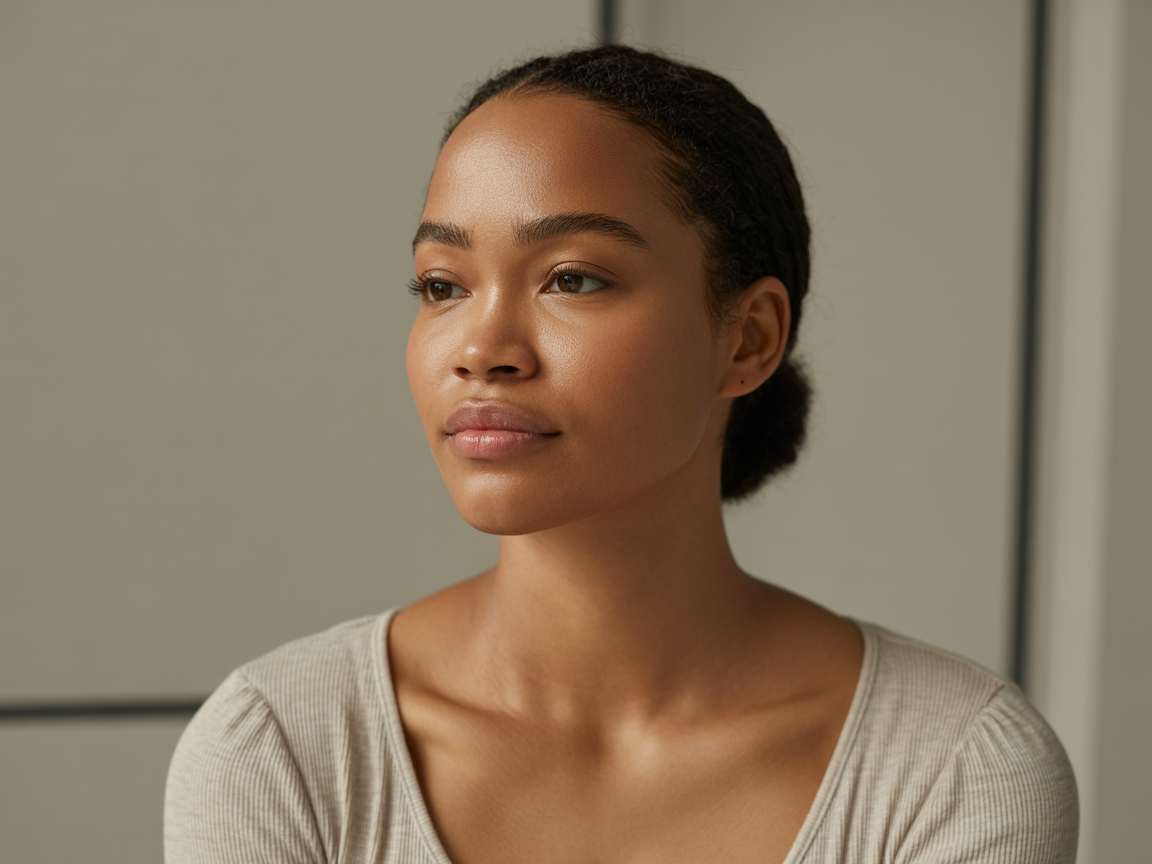 Woman prepared for color analysis with natural appearance, clean hair, no makeup, wearing neutral colors