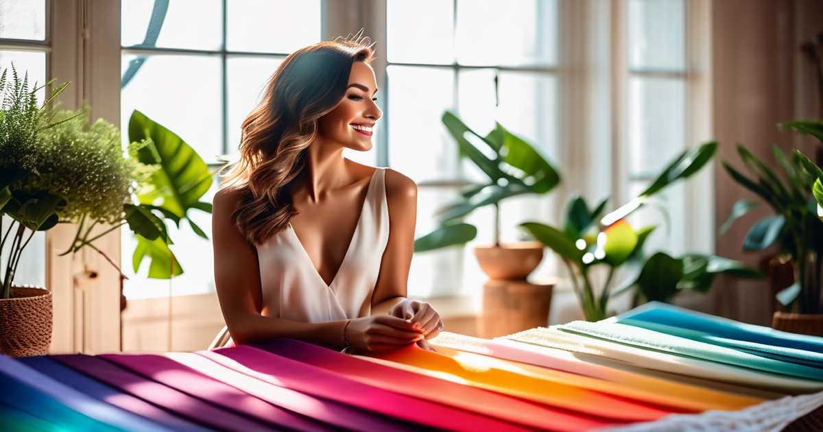 Confident woman surrounded by color swatches demonstrating color analysis as a flexible guide