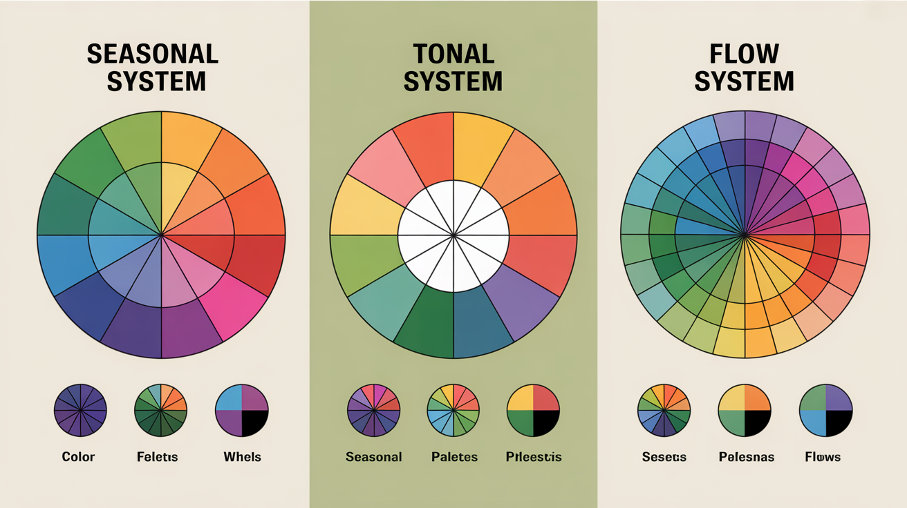 Comparison chart showing different color analysis methods - Seasonal, Tonal, and Flow systems with color swatches