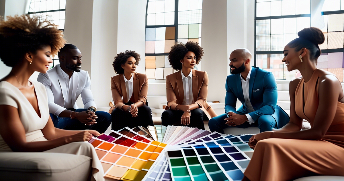 Diverse group of men and women seated around a table discussing and debunking color analysis myths