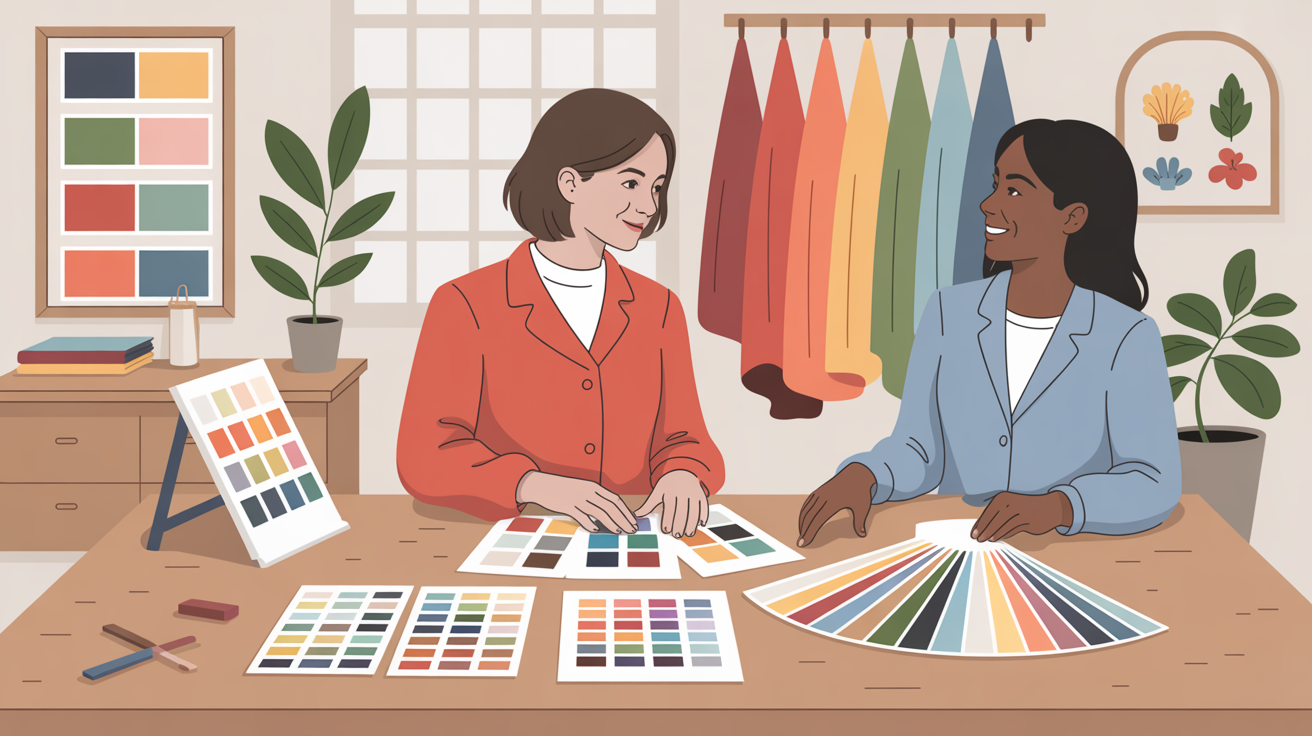 Professional color analysis consultation showing expert helping client discover perfect color palette with fabric swatches