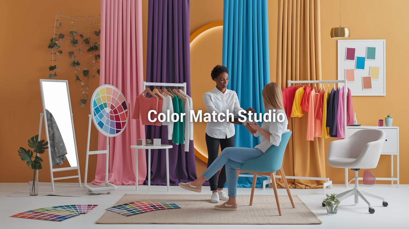 Color match studio showing professional color analysis process with fabric drapes and lighting