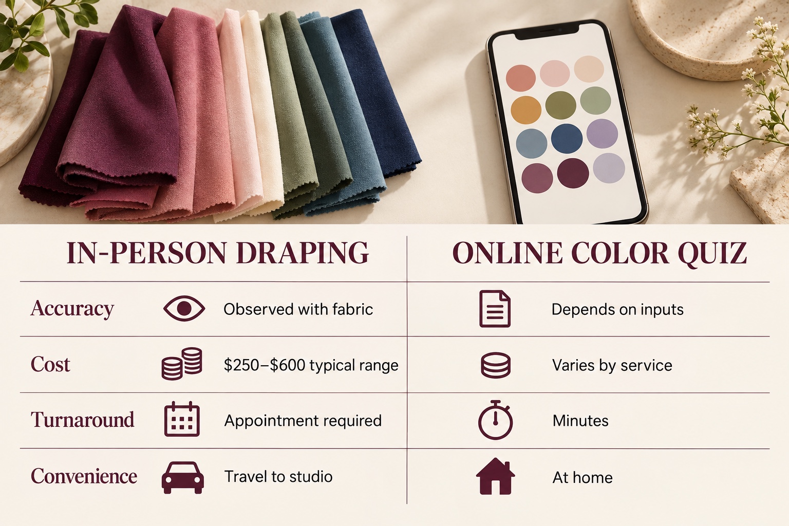 Illustrated comparison of in-person fabric draping and an online color quiz across evidence, cost, turnaround, and convenience