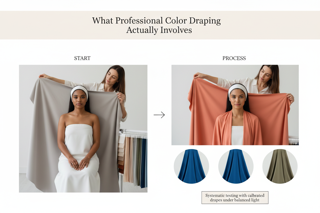 Color Palette Quiz vs Professional Draping section visual for What Professional Color Draping Actually Involves