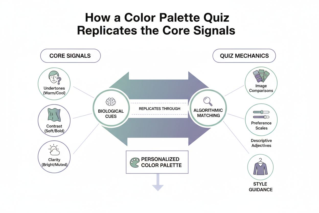 Color Palette Quiz vs Professional Draping section visual for How a Color Palette Quiz Replicates the Core Signals