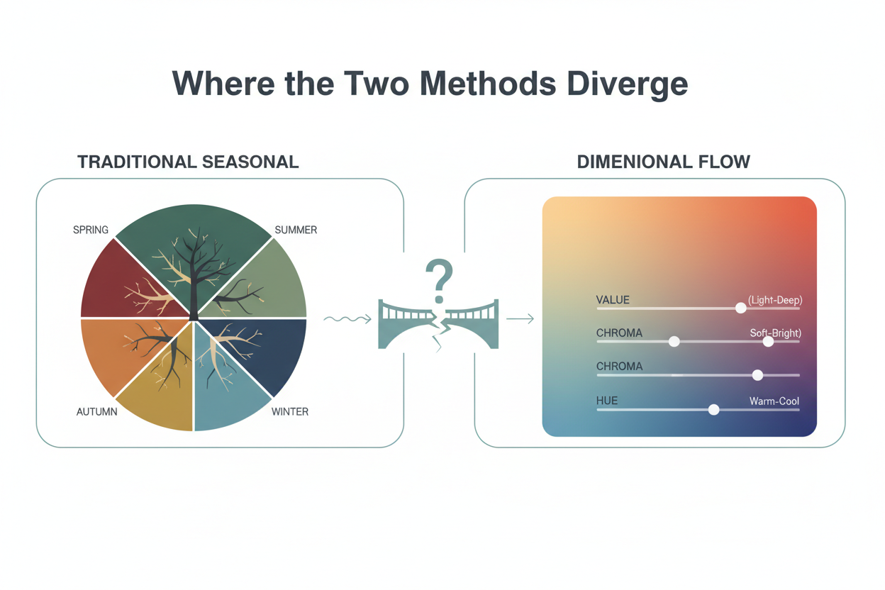Color Palette Quiz vs Professional Draping section visual for Where the Two Methods Diverge
