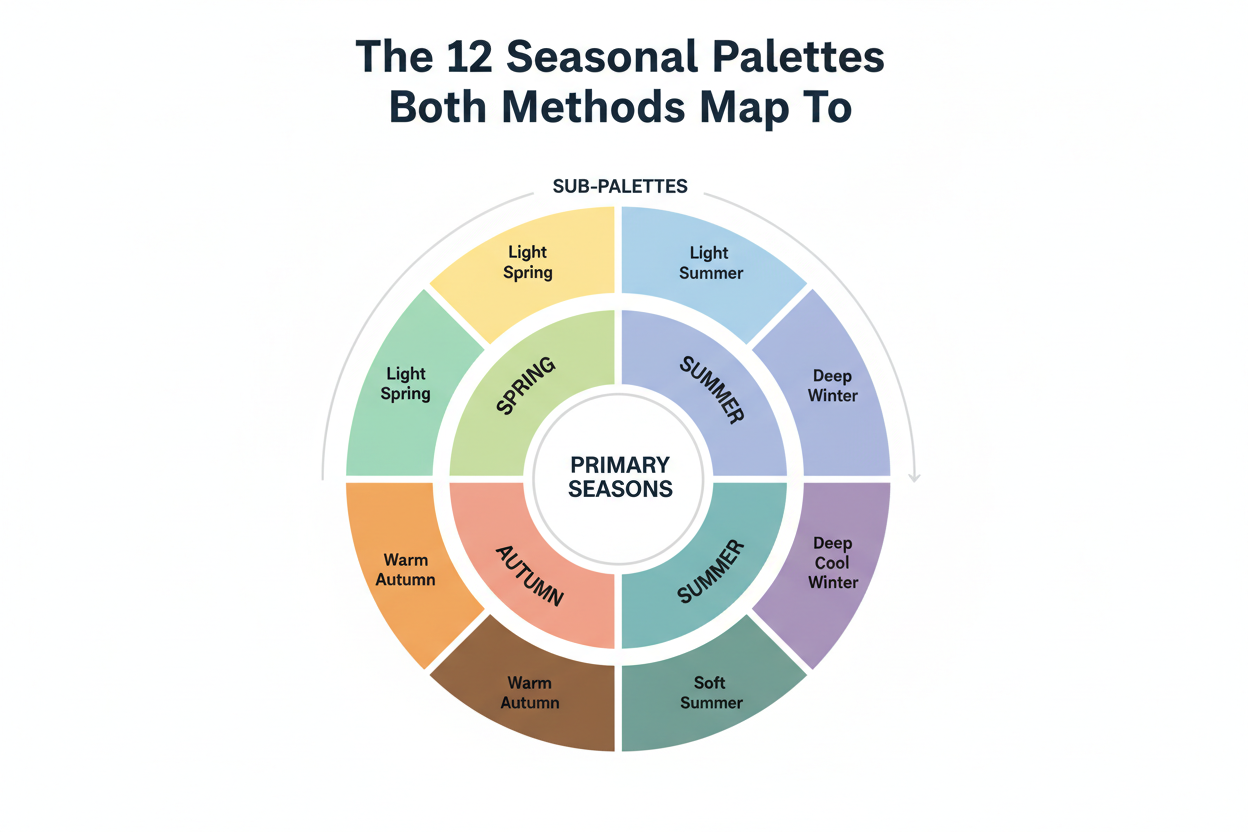 Color Palette Quiz vs Professional Draping section visual for The 12 Seasonal Palettes Both Methods Map To