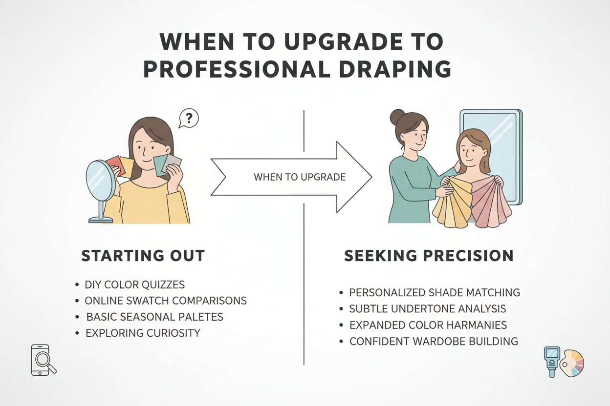 Color Palette Quiz vs Professional Draping section visual for When to Upgrade to Professional Draping
