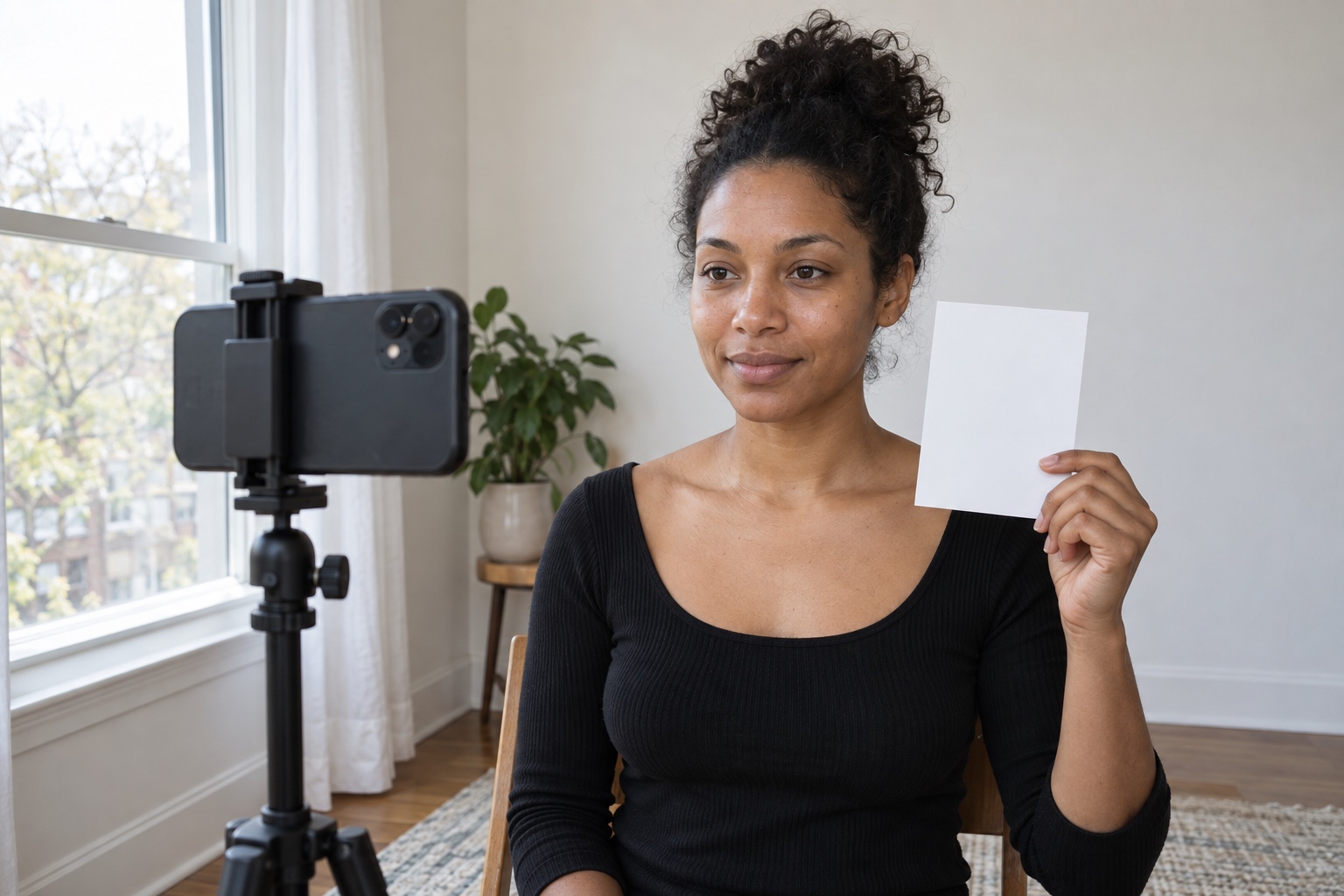 Person facing a window in diffused daylight with a phone at eye level and a white card for an at-home color photo