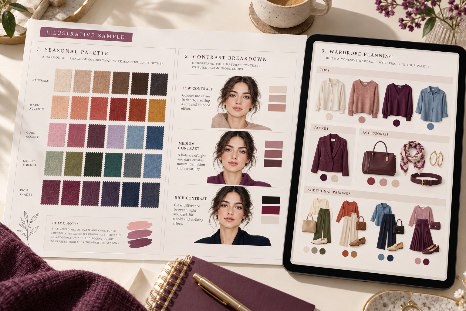 Illustrative sample report showing color swatches, three contrast examples, and coordinated wardrobe pieces