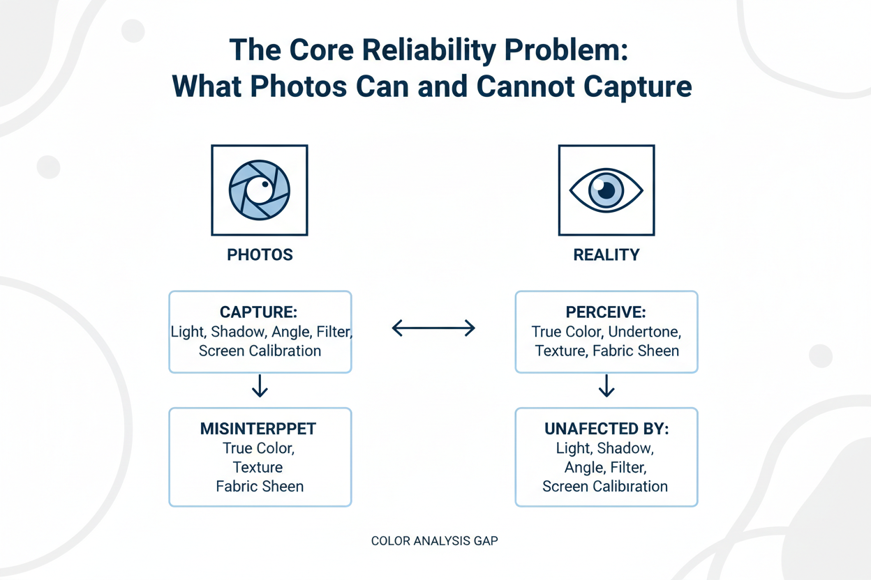 Color Season Quiz With Photo: Is It Reliable section visual for The Core Reliability Problem: What Photos Can and Cannot Capture