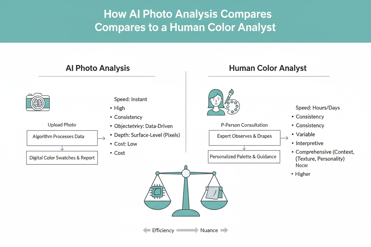 Color Season Quiz With Photo: Is It Reliable section visual for How AI Photo Analysis Compares to a Human Color Analyst