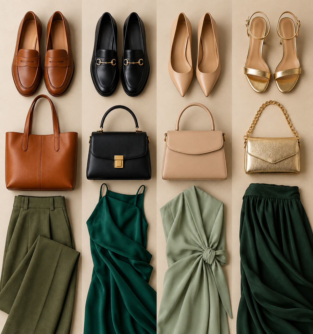 Cognac, black, nude beige, and metallic gold shoe and bag pairs shown with different green garments