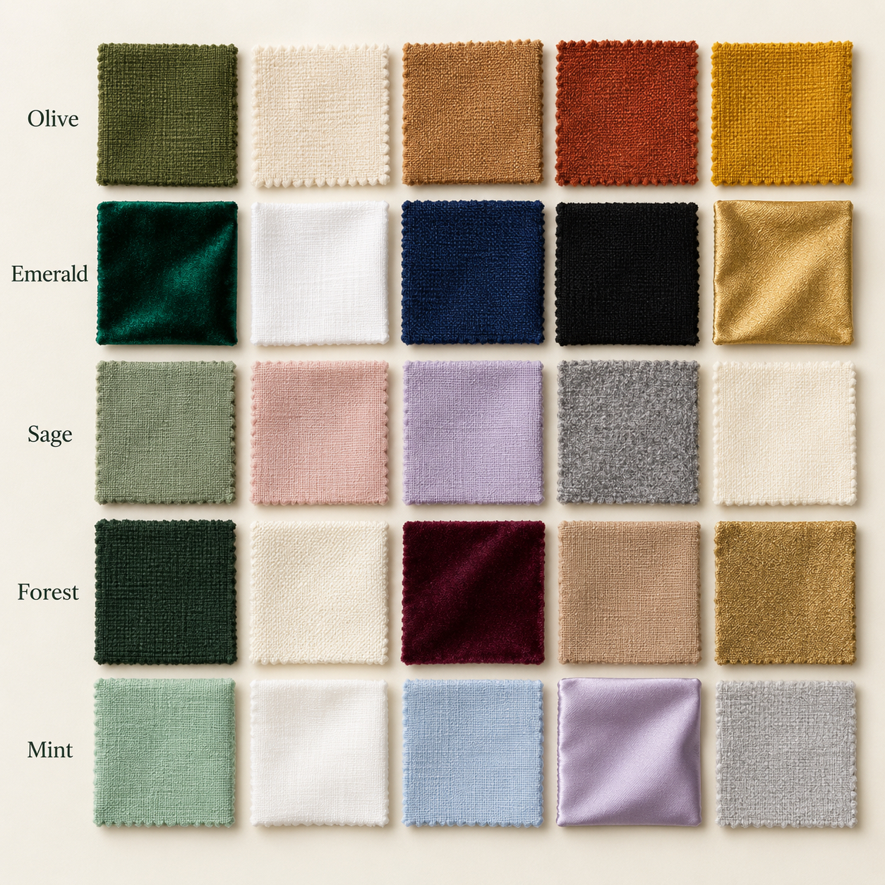 Fabric swatch matrix pairing olive, emerald, sage, forest, and mint green with four coordinating colors each