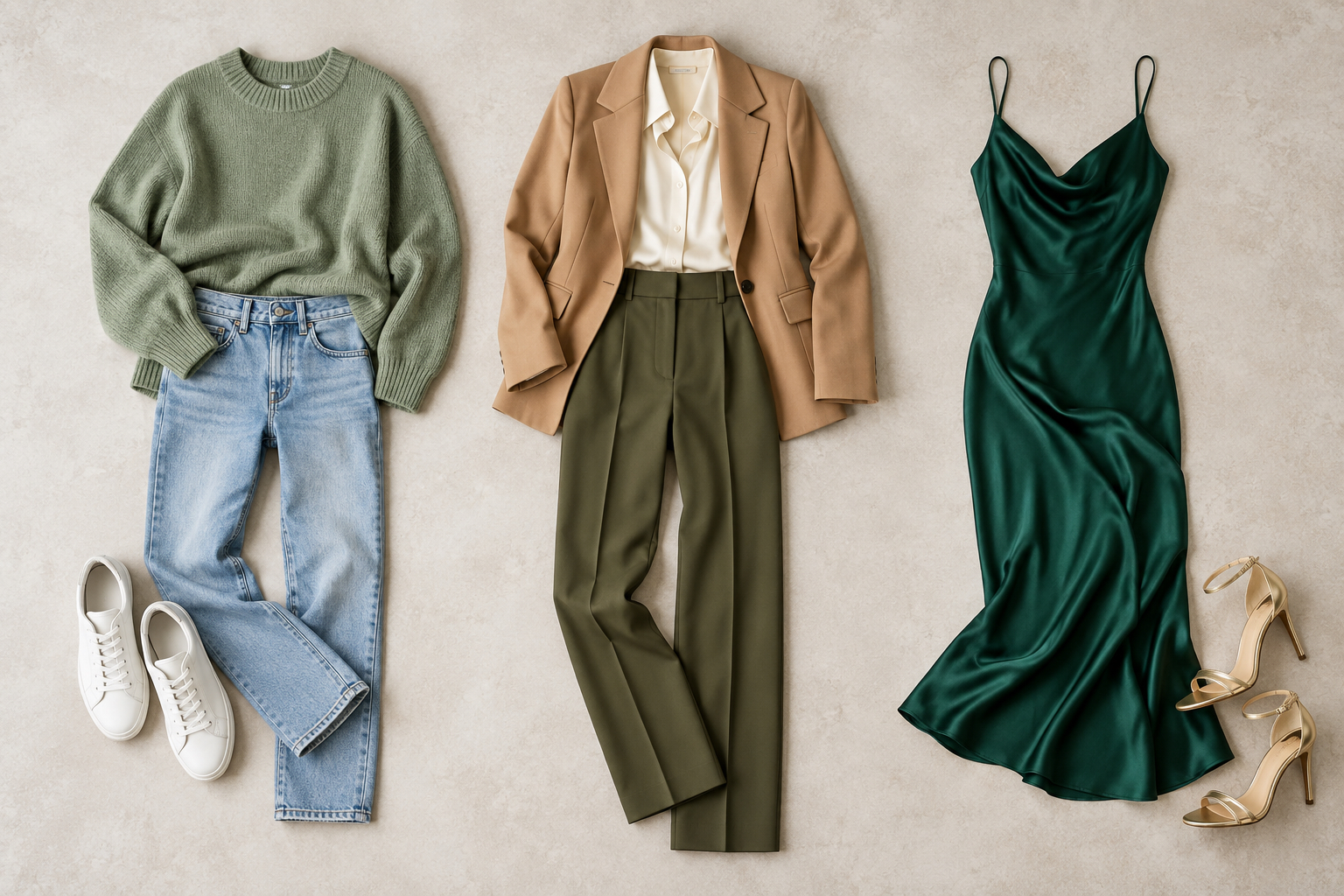 Three green outfit flat lays: sage knit with jeans, olive trousers with camel blazer, and emerald dress with gold heels