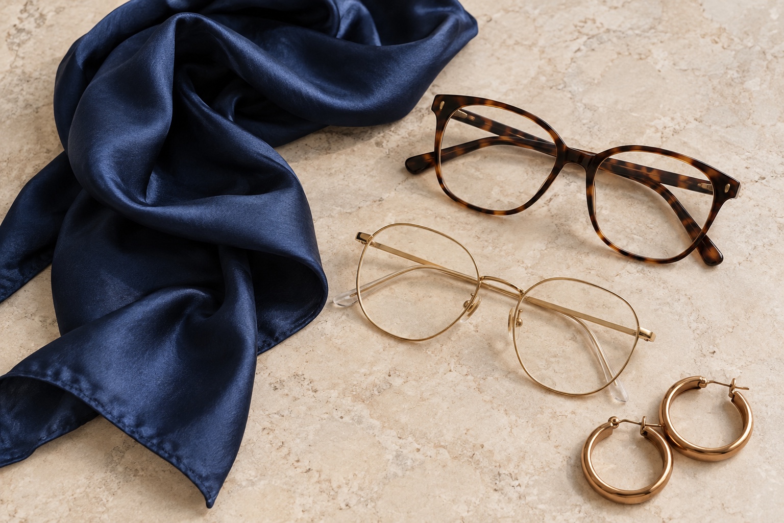 Midnight blue silk scarf beside tortoiseshell and fine gold wire eyeglasses and warm bronze hoop earrings