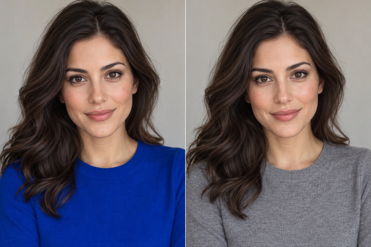 The same brown-eyed woman in equal lighting wearing a cobalt blue top on the left and a dull gray sweater on the right