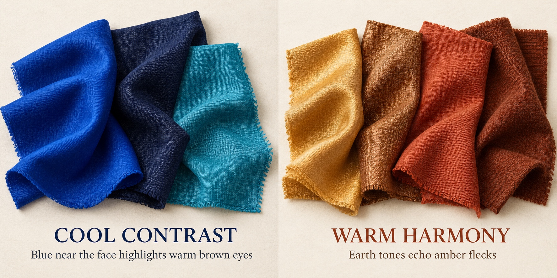 Cool contrast fabric swatches in cobalt, navy, and turquoise beside warm harmony swatches in gold, bronze, terracotta, and cinnamon