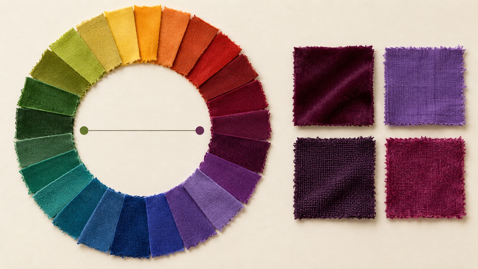 Fabric color wheel connecting yellow-green and violet, beside deep plum, violet, eggplant, and berry swatches