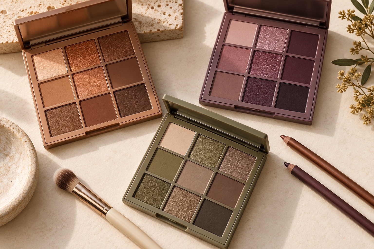 Makeup flatlay with copper and bronze, mauve and plum, and olive and taupe eyeshadows plus brown and plum pencils