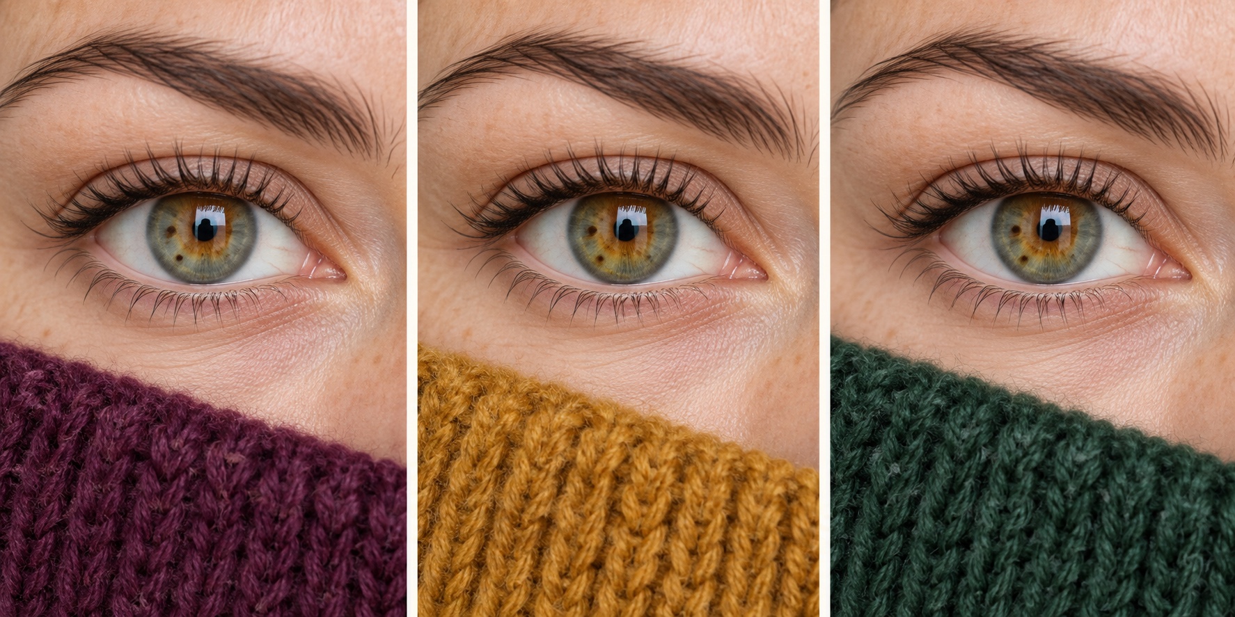 Illustrated comparison of the same hazel eye above deep plum, mustard, and forest green knit fabrics