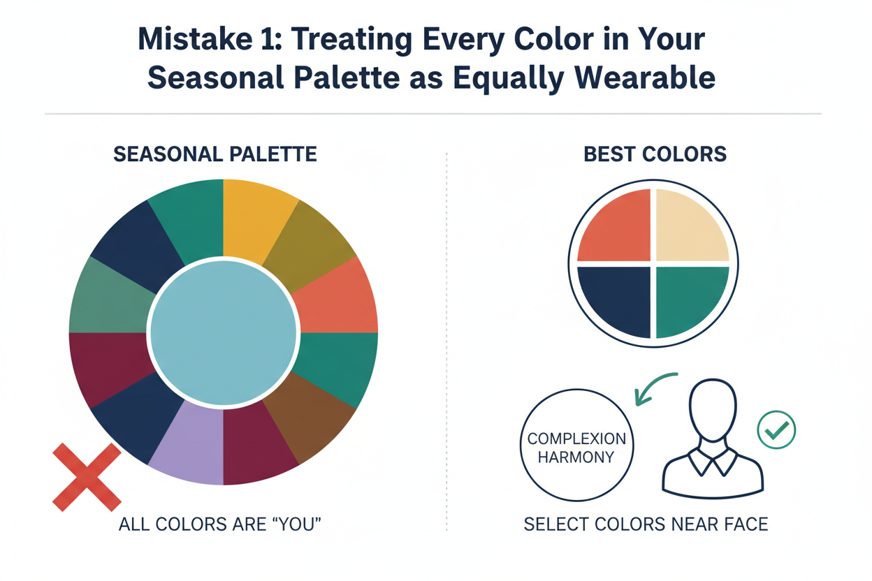 Common Seasonal Color Analysis Mistakes section visual for Mistake 1: Treating Every Color in Your Seasonal Palette as Equally Wearable