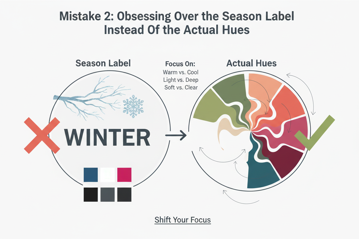 Common Seasonal Color Analysis Mistakes section visual for Mistake 2: Obsessing Over the Season Label Instead of the Actual Hues