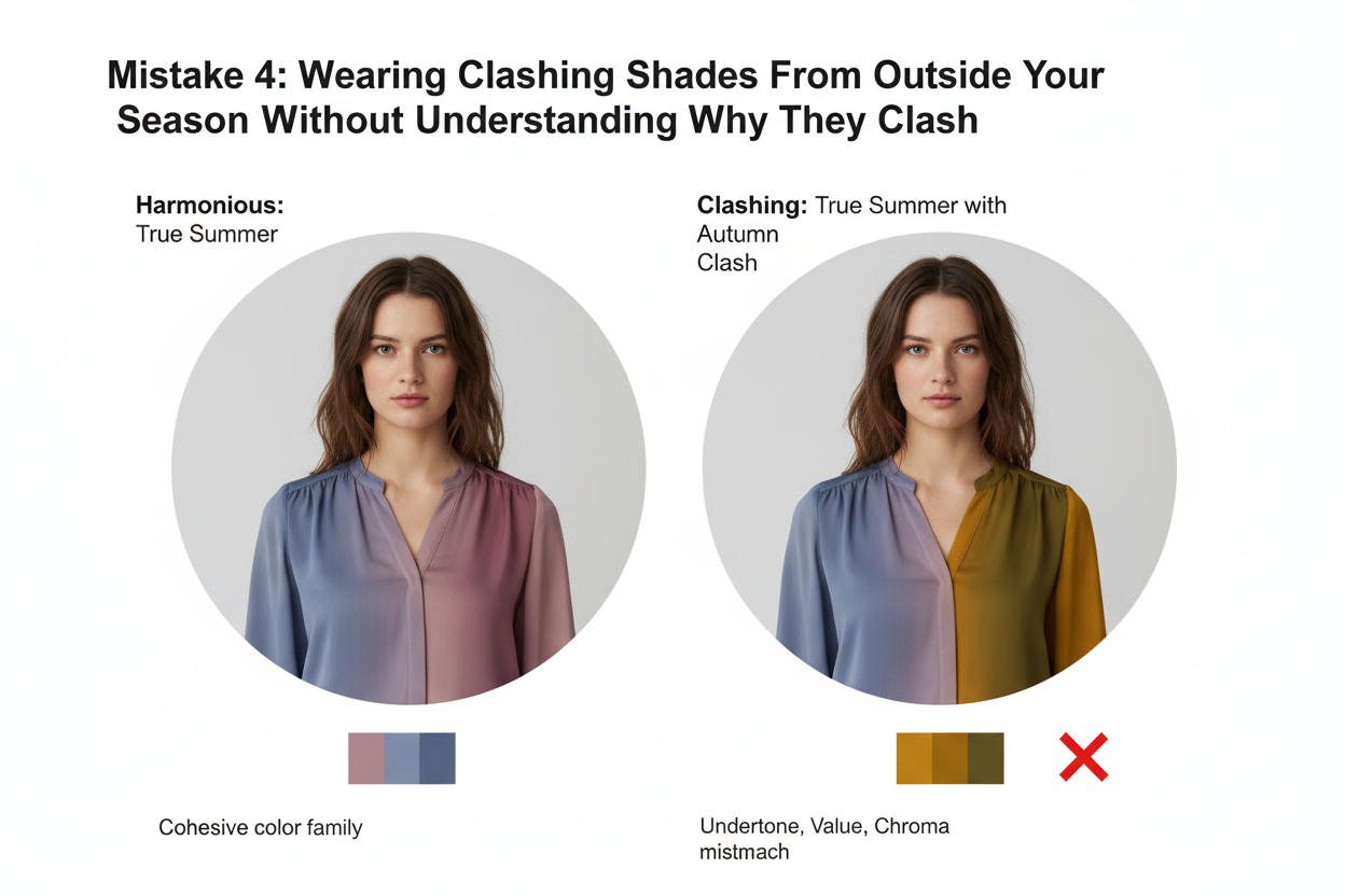 Common Seasonal Color Analysis Mistakes section visual for Mistake 4: Wearing Clashing Shades From Outside Your Season Without Understanding Why They Clash