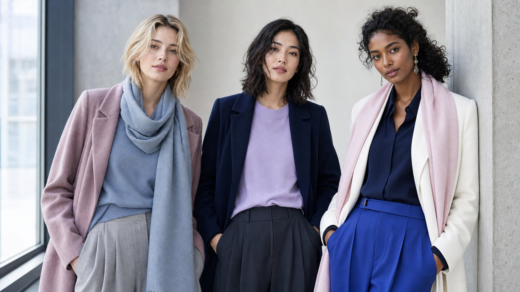 Three cool-toned outfits styled for soft, medium, and high contrast levels across different skin depths