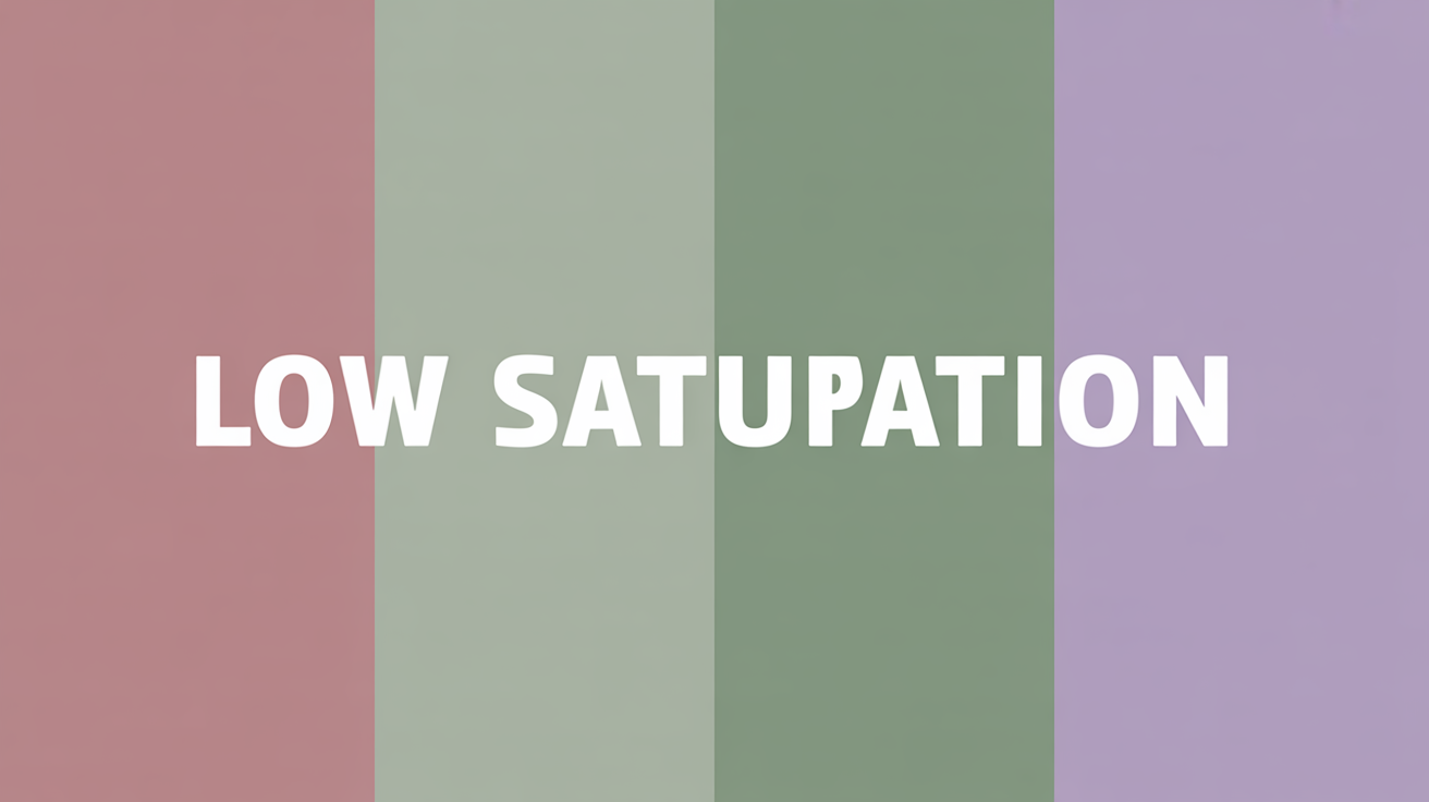 Low saturation chroma demonstration showing muted cool summer colors like dusty rose, sage green, and soft lavender in comparison to bright saturated colors to illustrate the grayed-out quality