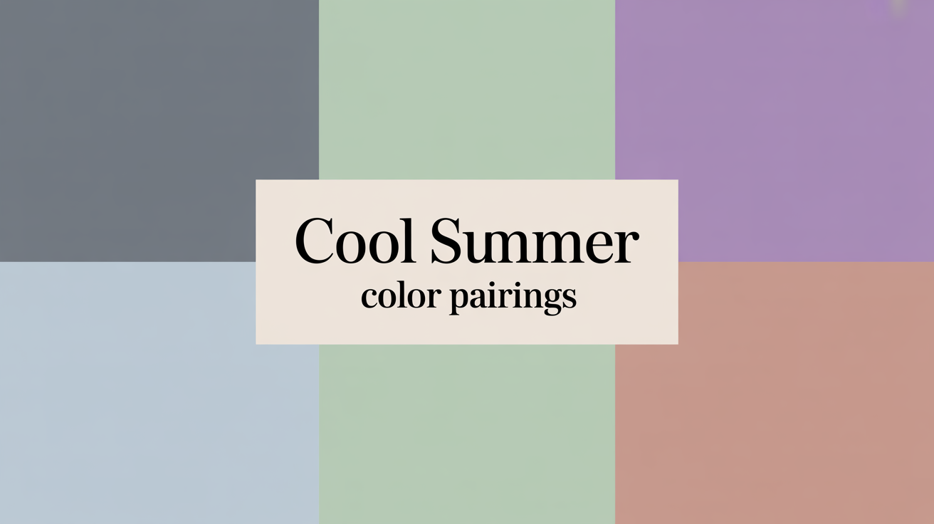 Cool summer color pairings demonstration showing harmonious combinations like gray with soft blue, mint green with orchid purple, and rose beige with cool browns