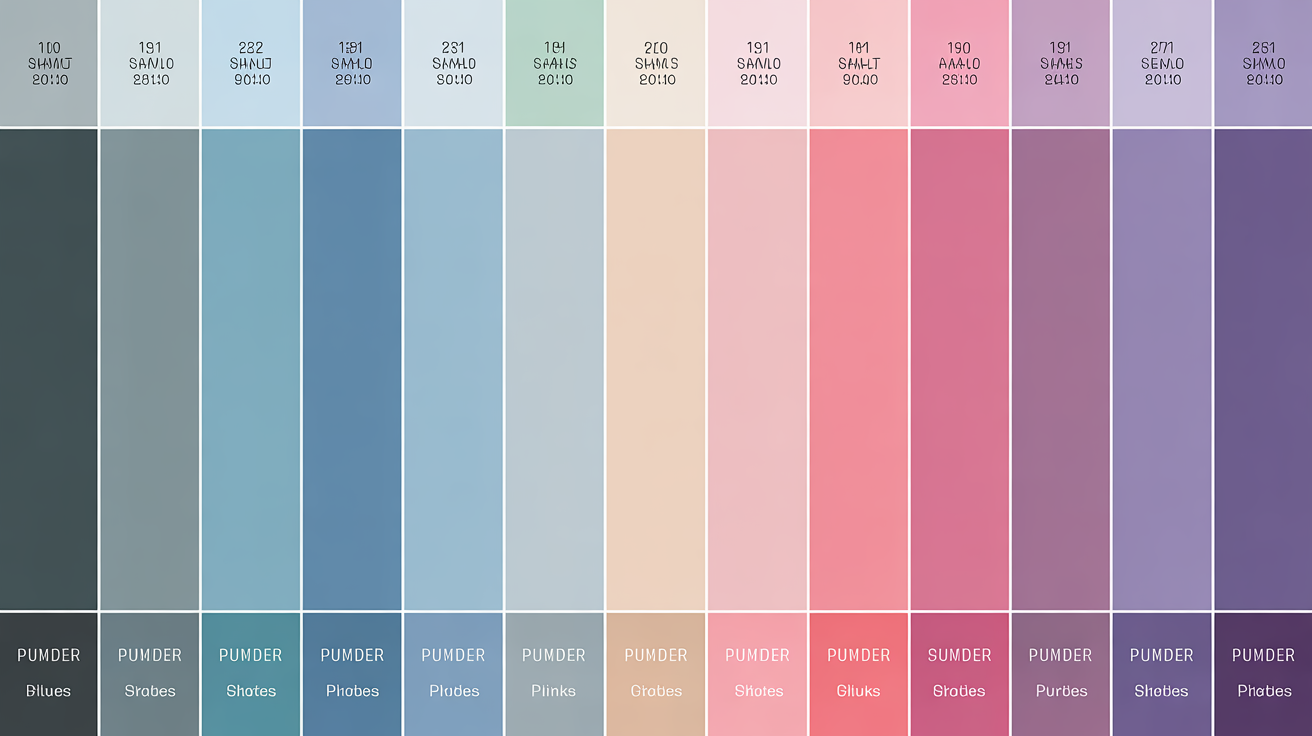 Cool summer color spectrum chart showing light to medium shades including charcoal grays, powder blues, soft pinks, and muted purples arranged in a beautiful gradient display