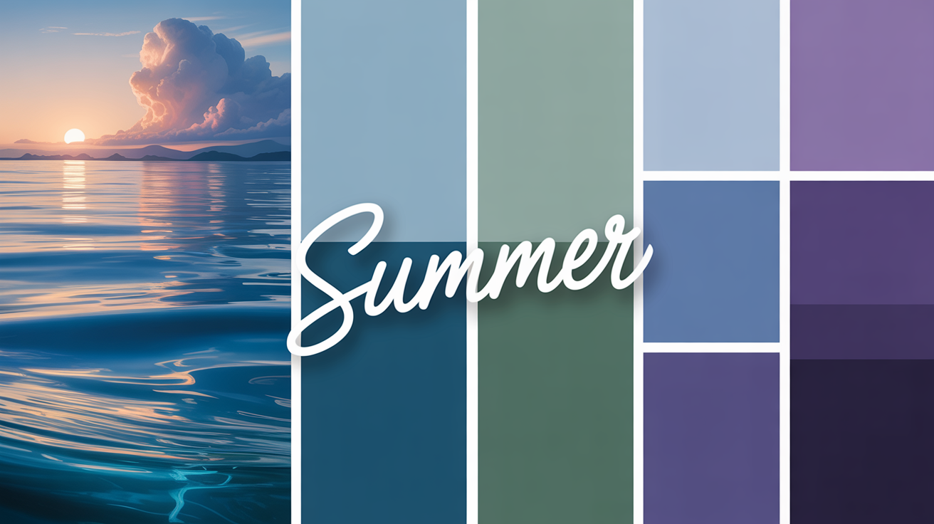 Emotional impact of cool summer colors showing calming blues, peaceful greens, and serene purples creating a tranquil and harmonious mood board