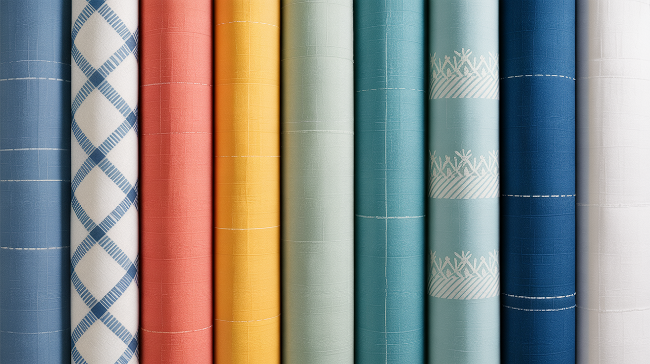 Cool summer fabric textures showcase featuring lightweight cotton, linen, and silk in soft cool colors with different textile samples and textures