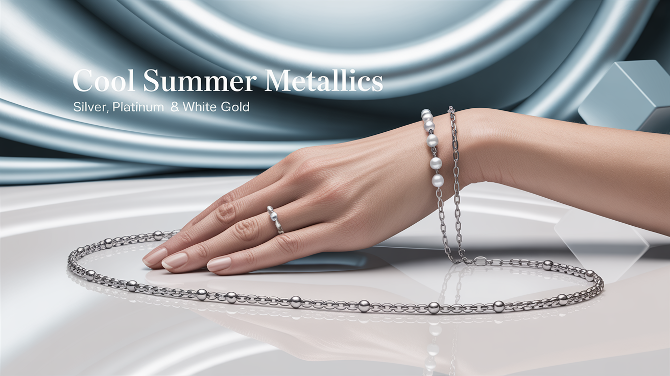 Cool summer metallics display showing silver, platinum, and white gold jewelry pieces and accessories that complement the cool undertones