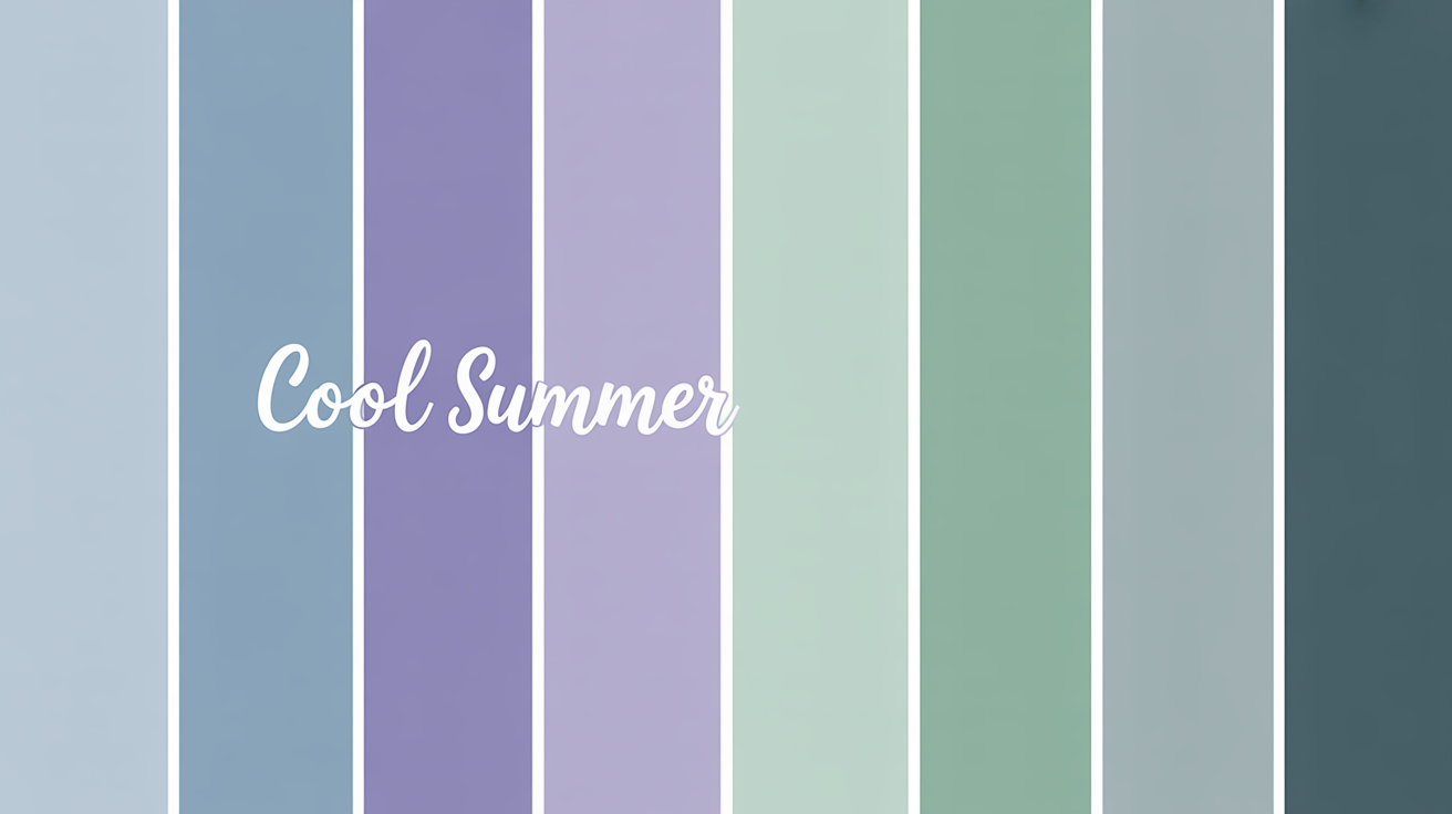 Cool summer color palette overview showing soft muted colors with blue undertones like powder blue, lavender, mint green, and cool grays arranged in an elegant color swatch display