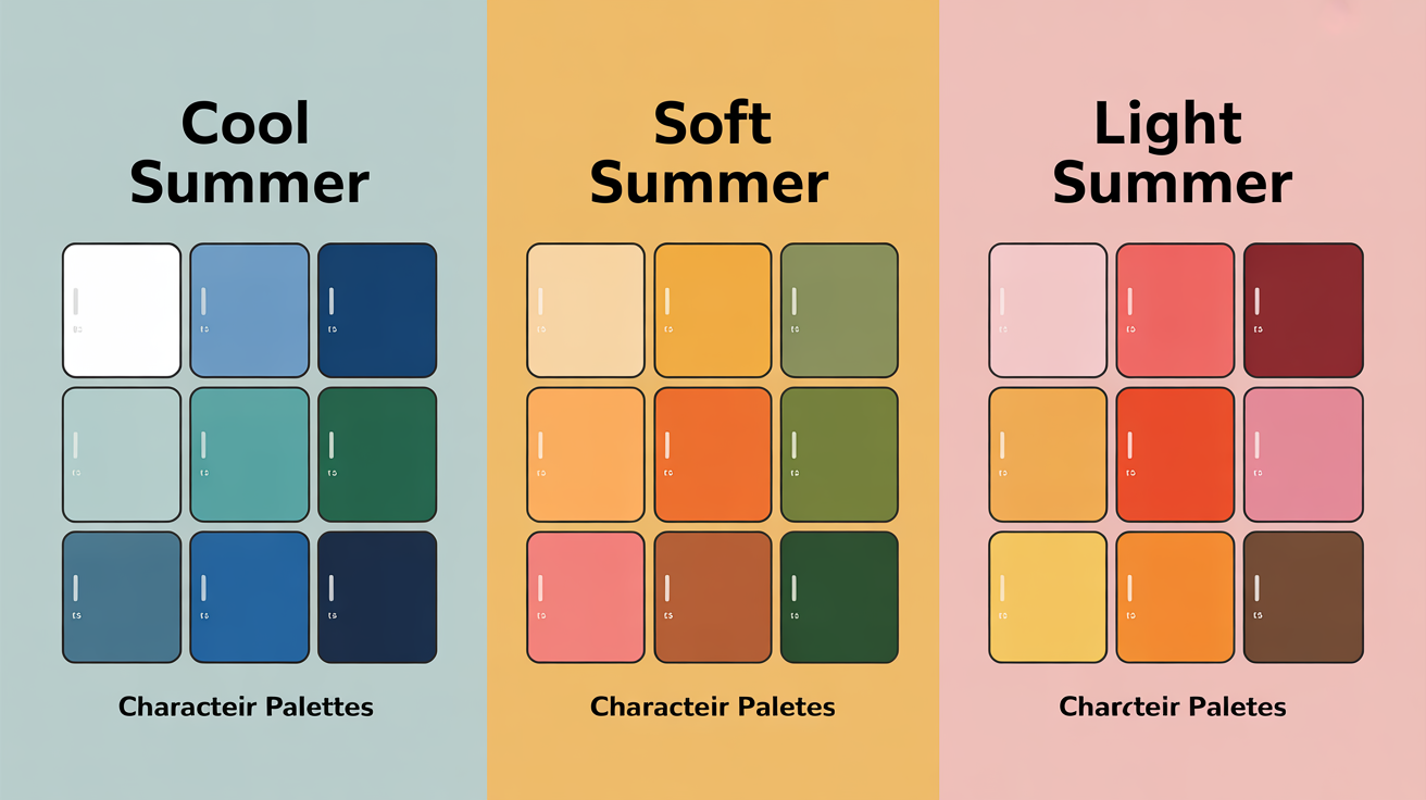 Sister palettes comparison showing Cool Summer, Soft Summer, and Light Summer color palettes side by side with their characteristic colors and differences