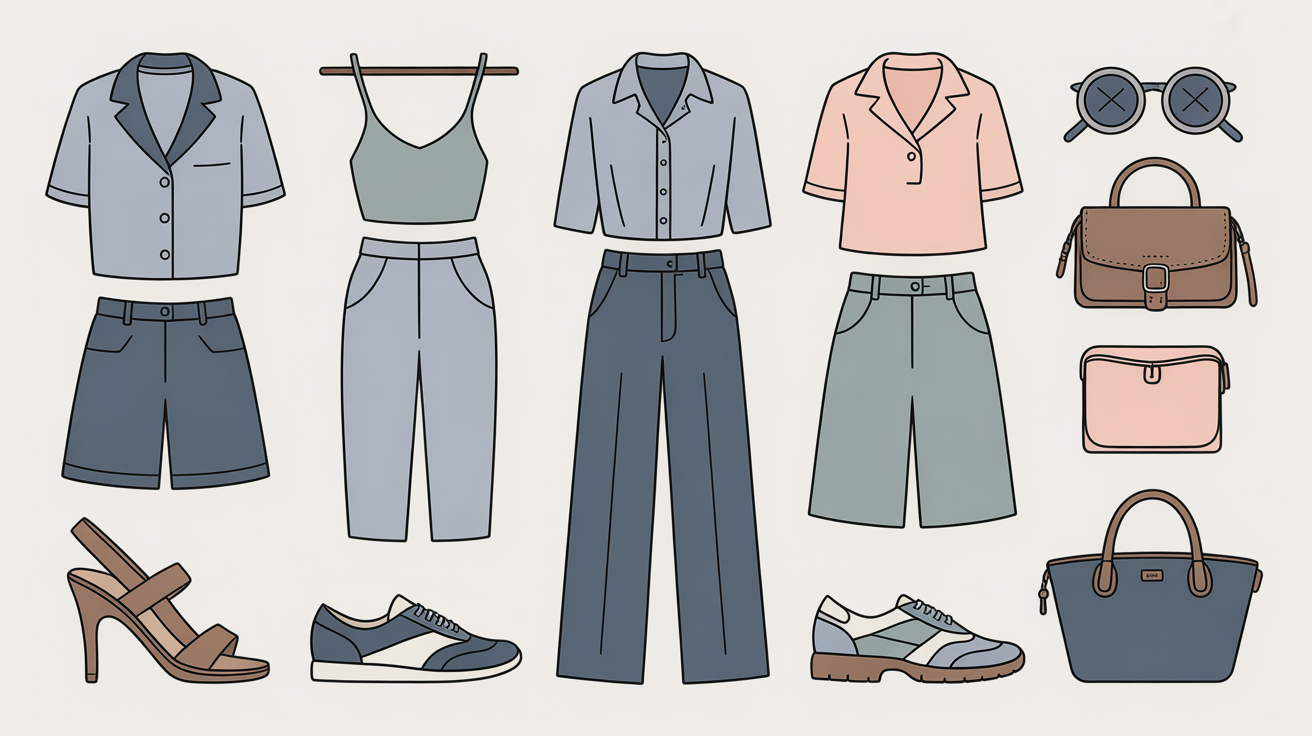 Cool summer styling guide showing harmonious outfit combinations with muted blues, grays, and soft pastels in an elegant wardrobe flat lay