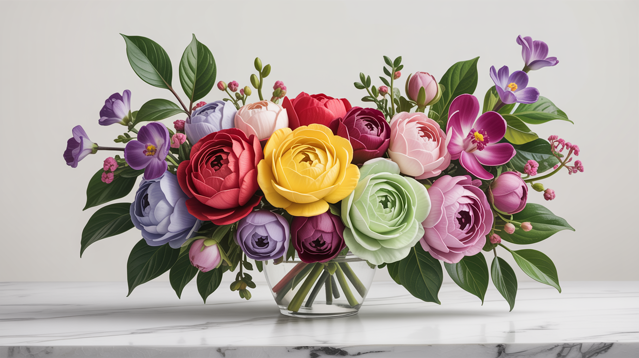 Cool summer vibrant colors showcase featuring true red, lemon, mint green, orchid purple, deep raspberry, plum, and powder blue in an elegant arrangement