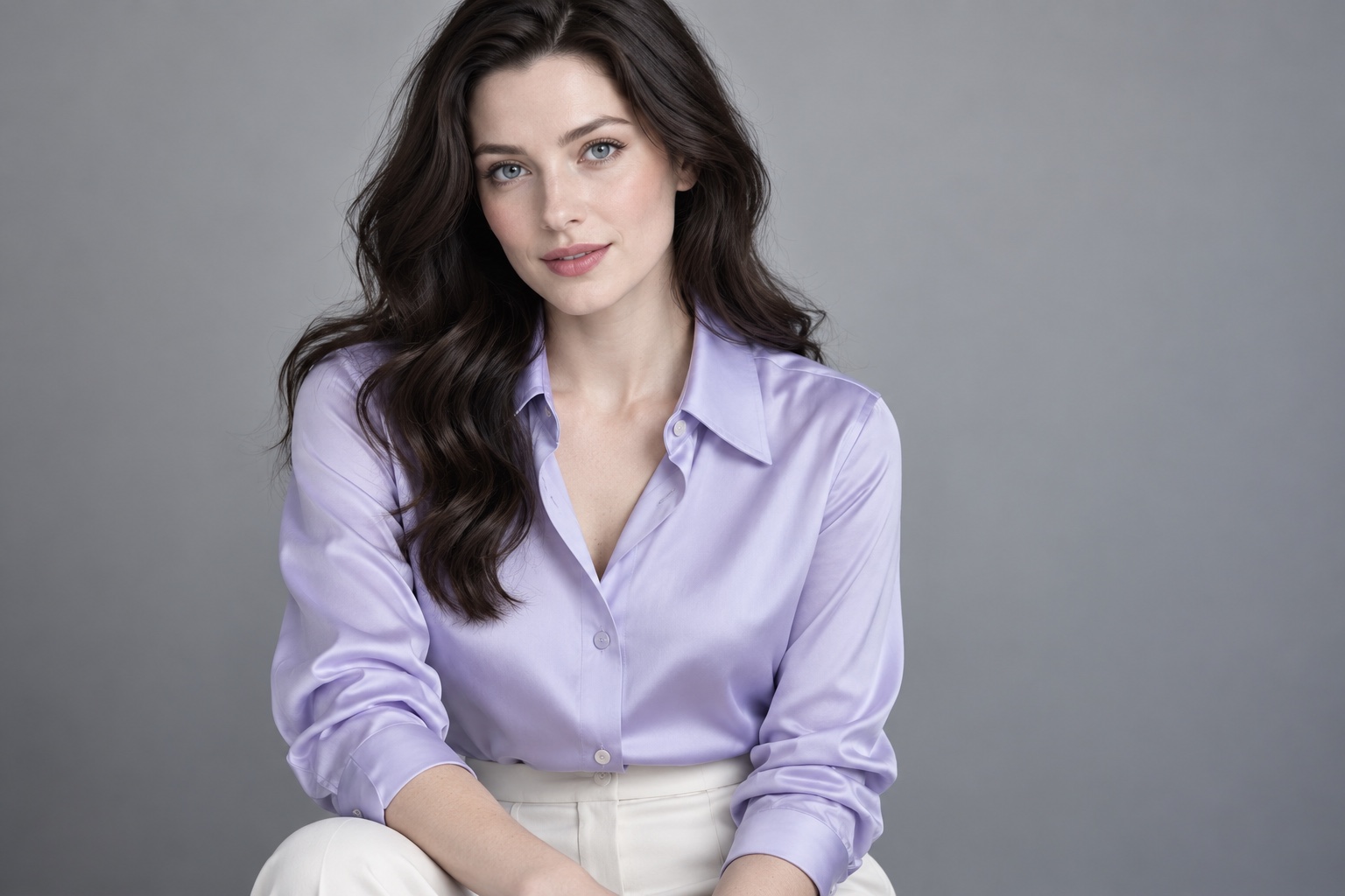 Woman with cool alabaster skin in an icy lavender silk shirt against a dove gray studio background