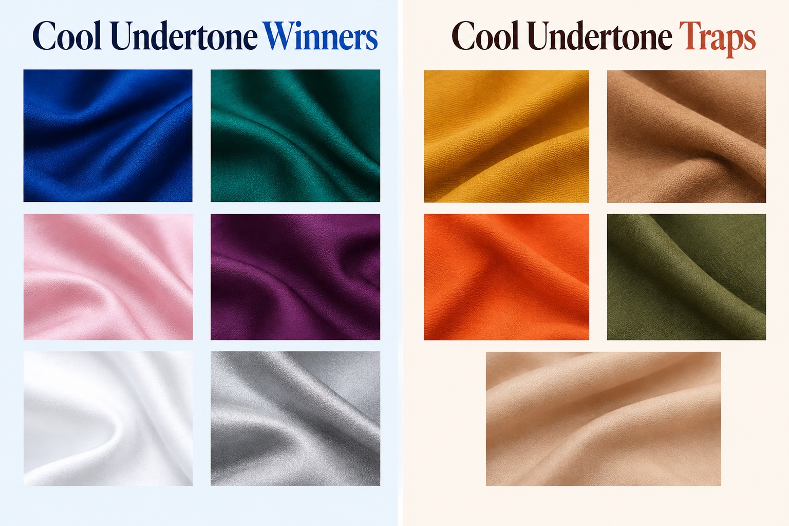 Cool undertone color matrix: sapphire, emerald, icy pink, plum, crisp white and silver versus mustard, camel, orange, olive green and warm beige