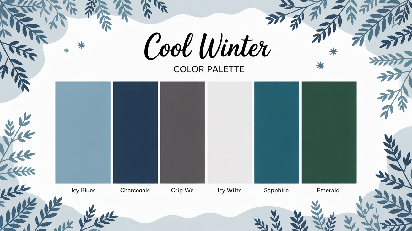 Cool Winter color palette featuring icy blues, deep charcoals, crisp whites, and jewel tones