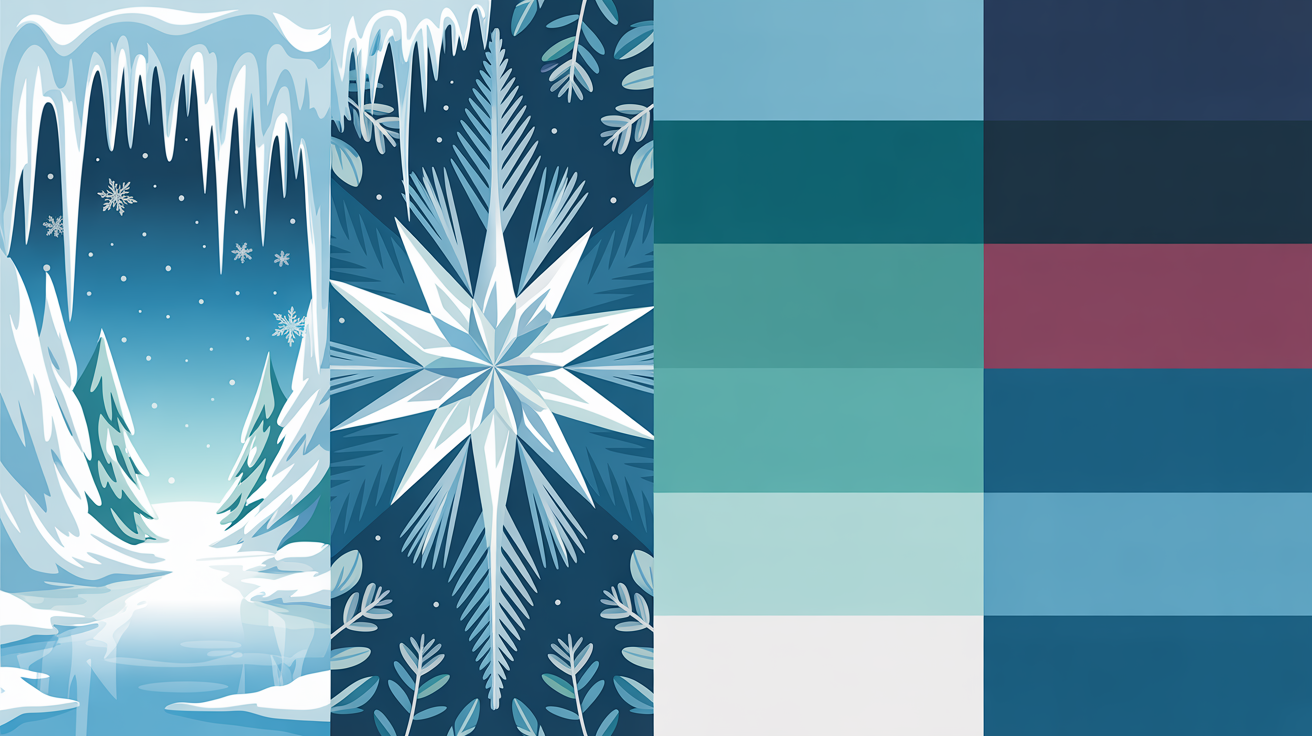 Cool Winter color psychology concept showing icy blues, jewel tones, and dramatic contrasts