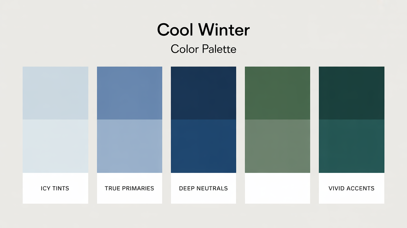Essential Cool Winter color palette swatches arranged in categories showing icy tints, true primaries, and deep neutrals