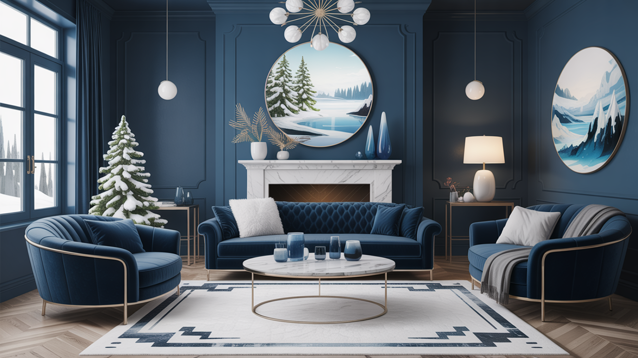 Cool Winter home decor featuring icy blues, deep navy, crisp whites, and jewel tones in modern interior design
