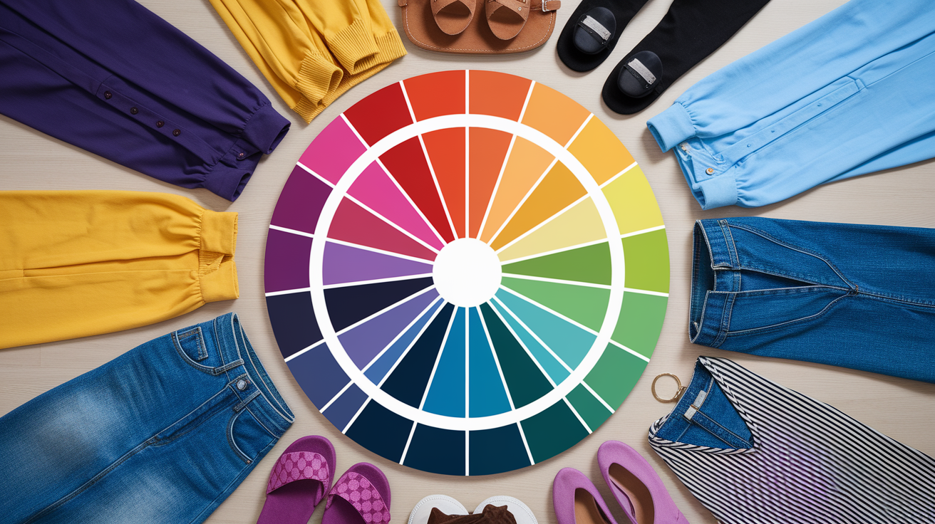Guide to creating color wheel outfits showing harmonious, high-contrast, balanced, bold, and tonal combinations