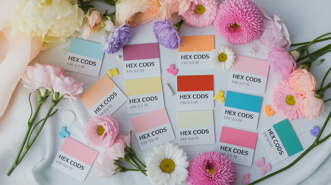 Cute color codes overview showing pastel palettes and hex codes for design